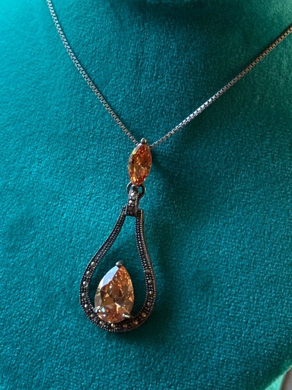 Stunning Art Deco Revival Imperial Topaz Necklace Sterling Silver Marcasite